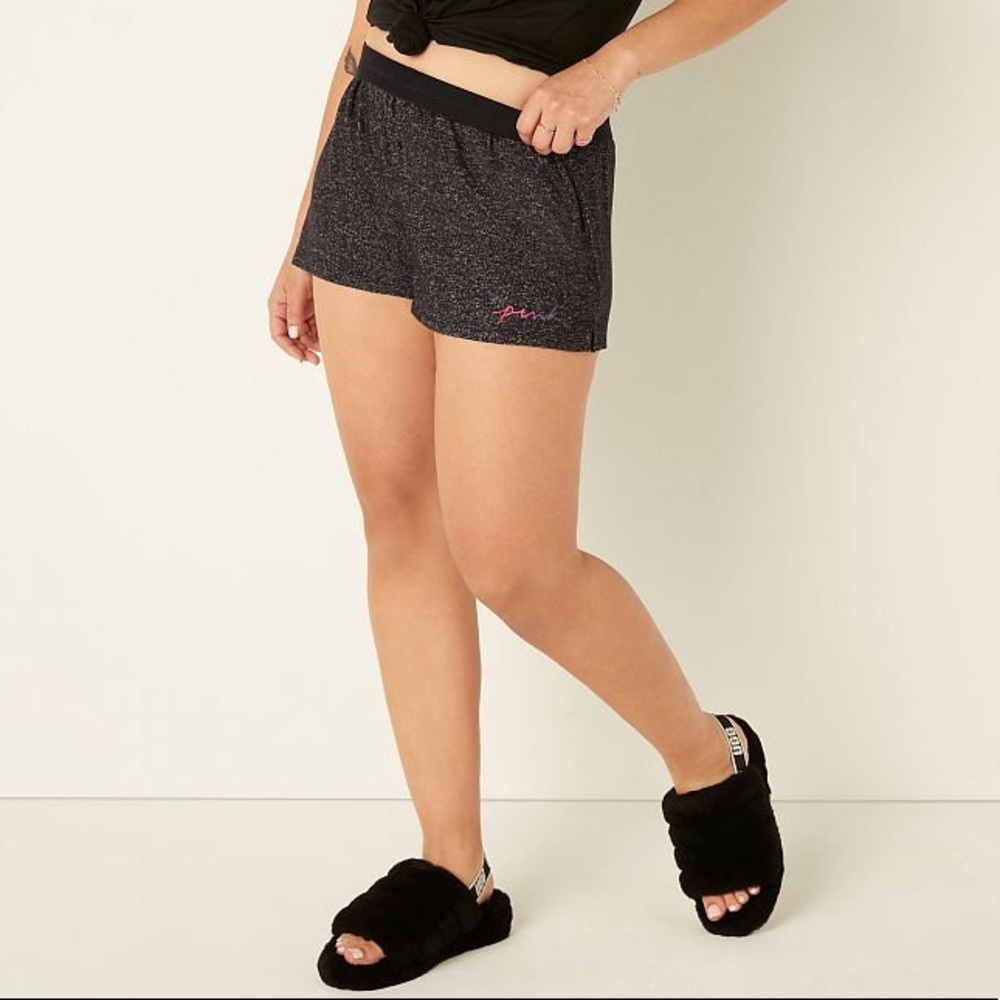 Vs Victorias Secret Pink Cozy Sleep Boxy Short Shortie Black Glitter Script XXL - Picture 2 of 6
